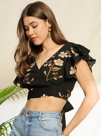 Berrylush Floral Print Ruffles Styled Back Crop Top