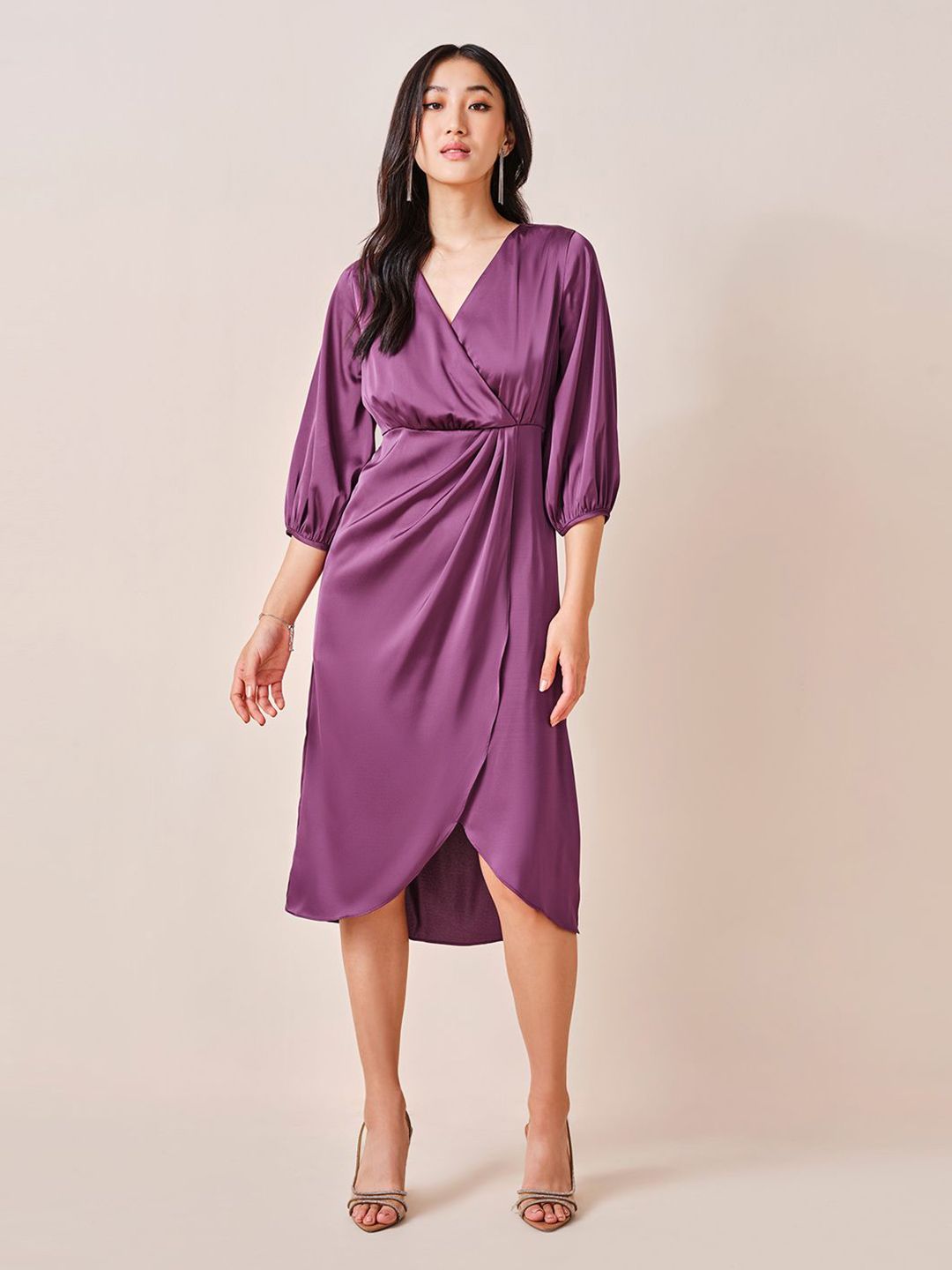 AND Women Solid V-Neck Puff Sleeve Wrap Midi Dress
