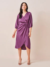 AND Women Solid V-Neck Puff Sleeve Wrap Midi Dress