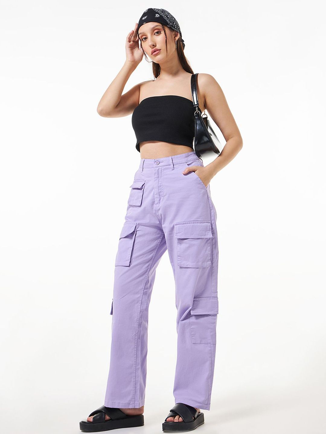 Bewakoof Women Cotton Oversized High-Rise Cargos Trousers