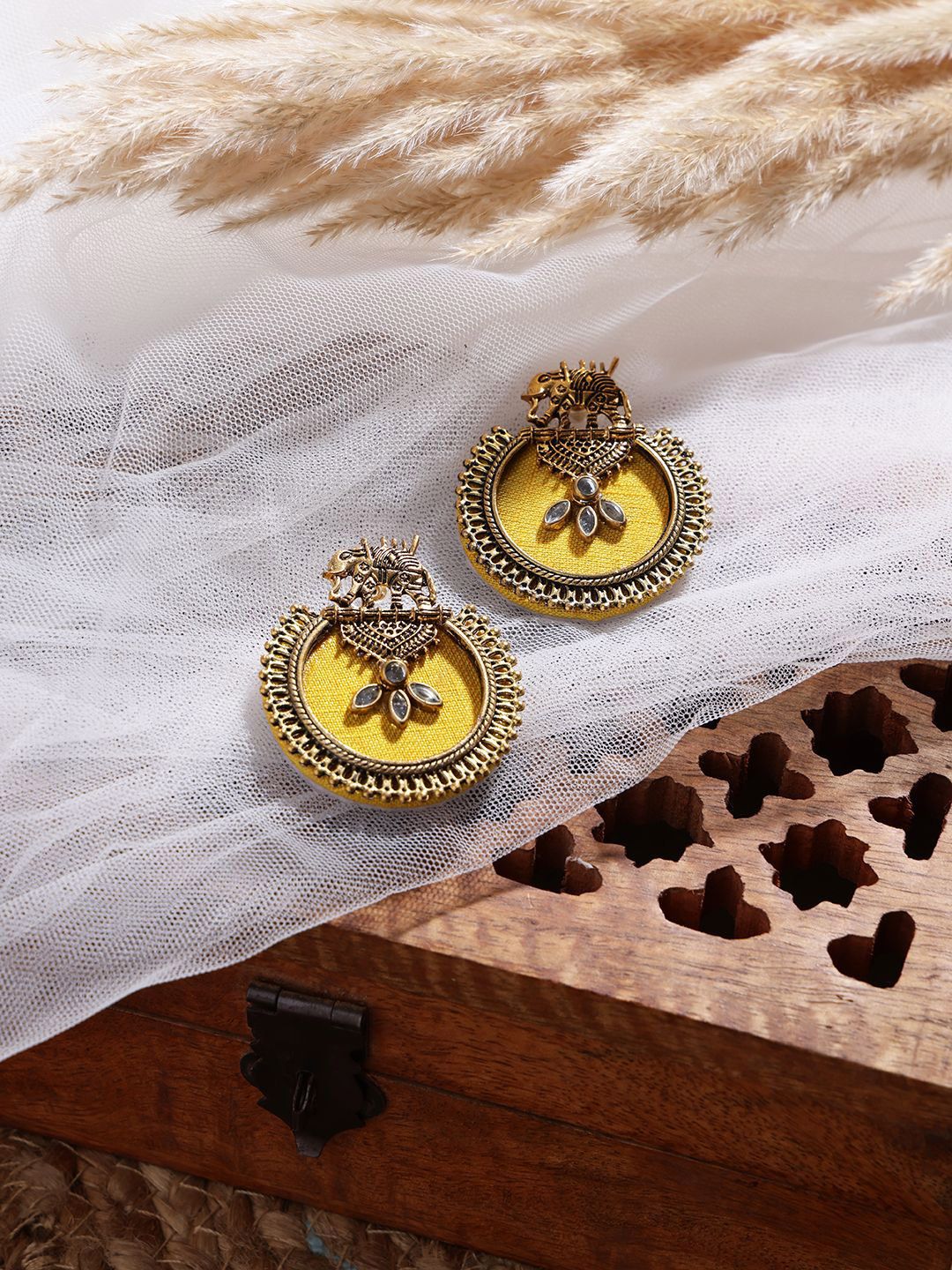 PANASH Gold-Plated Elephant Shaped Stone Studded Drop Earrings