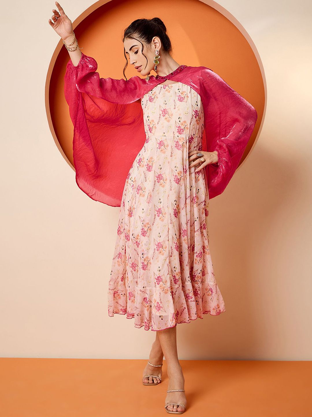 Antheaa Floral Printed A-Line Midi Dress and Embellished Shrug