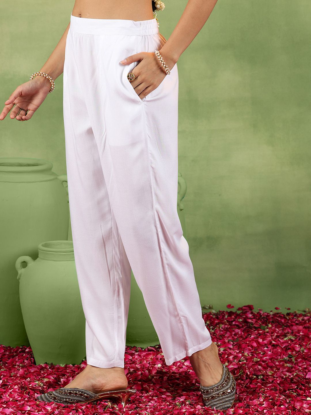 Libas Floral Embroidered Mirror Work Anarkali Kurta With Trousers & Dupatta