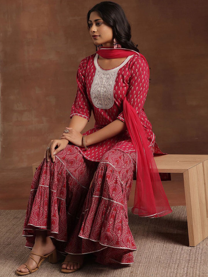 Libas Ethnic Motifs Printed Thread Work Pure Cotton Kurta with Sharara & Dupatta
