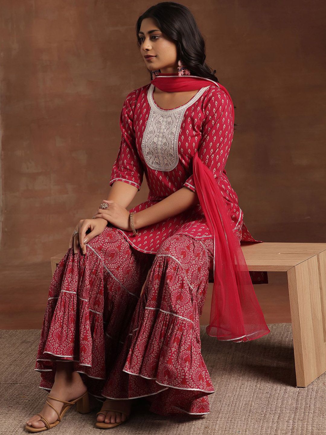 Libas Ethnic Motifs Printed Thread Work Pure Cotton Kurta with Sharara & Dupatta