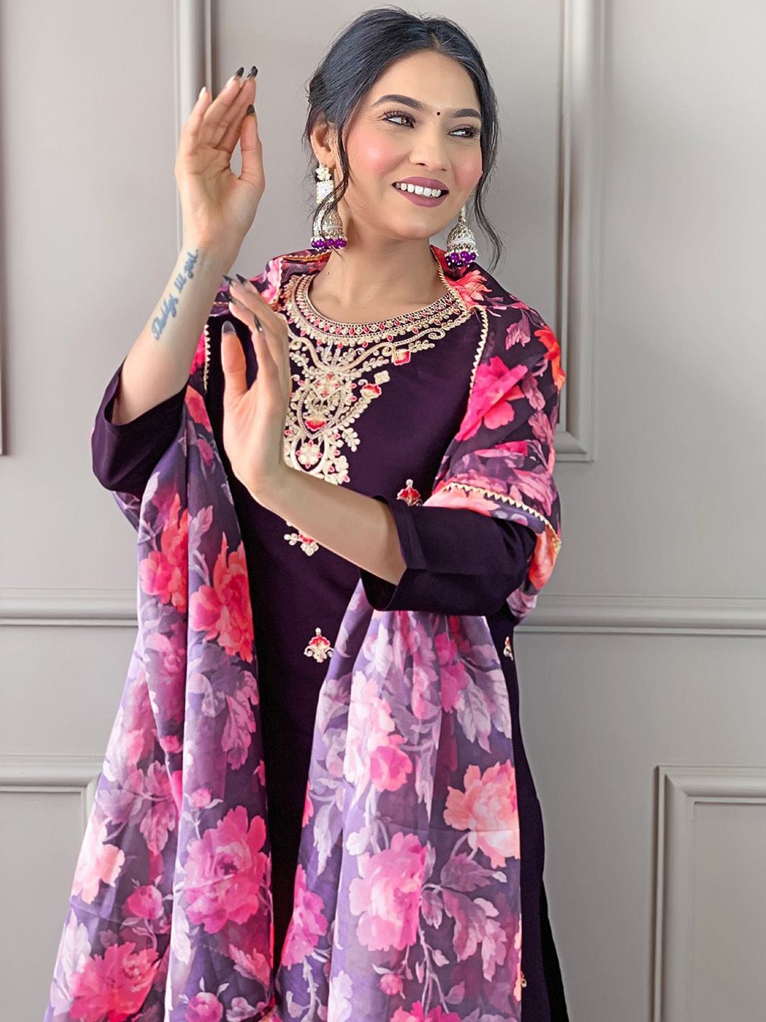 KALINI Women Embroidered Straight Kurta with Trousers & Dupatta