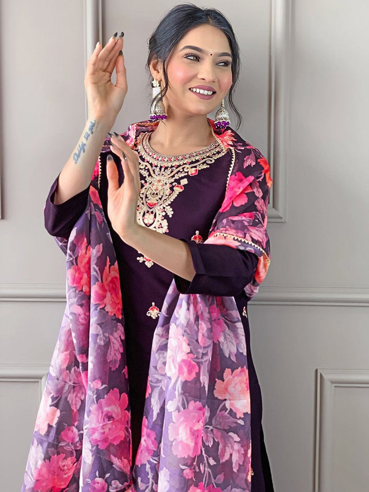 KALINI Women Embroidered Straight Kurta with Trousers & Dupatta
