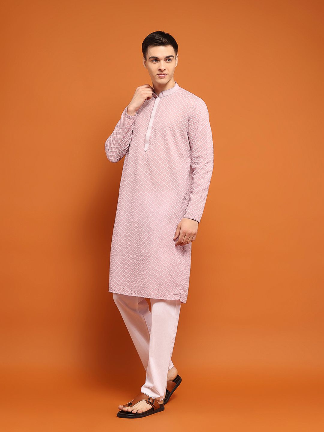 Kurta Sulam Katun Lavender Rumah Chikankari Lelaki