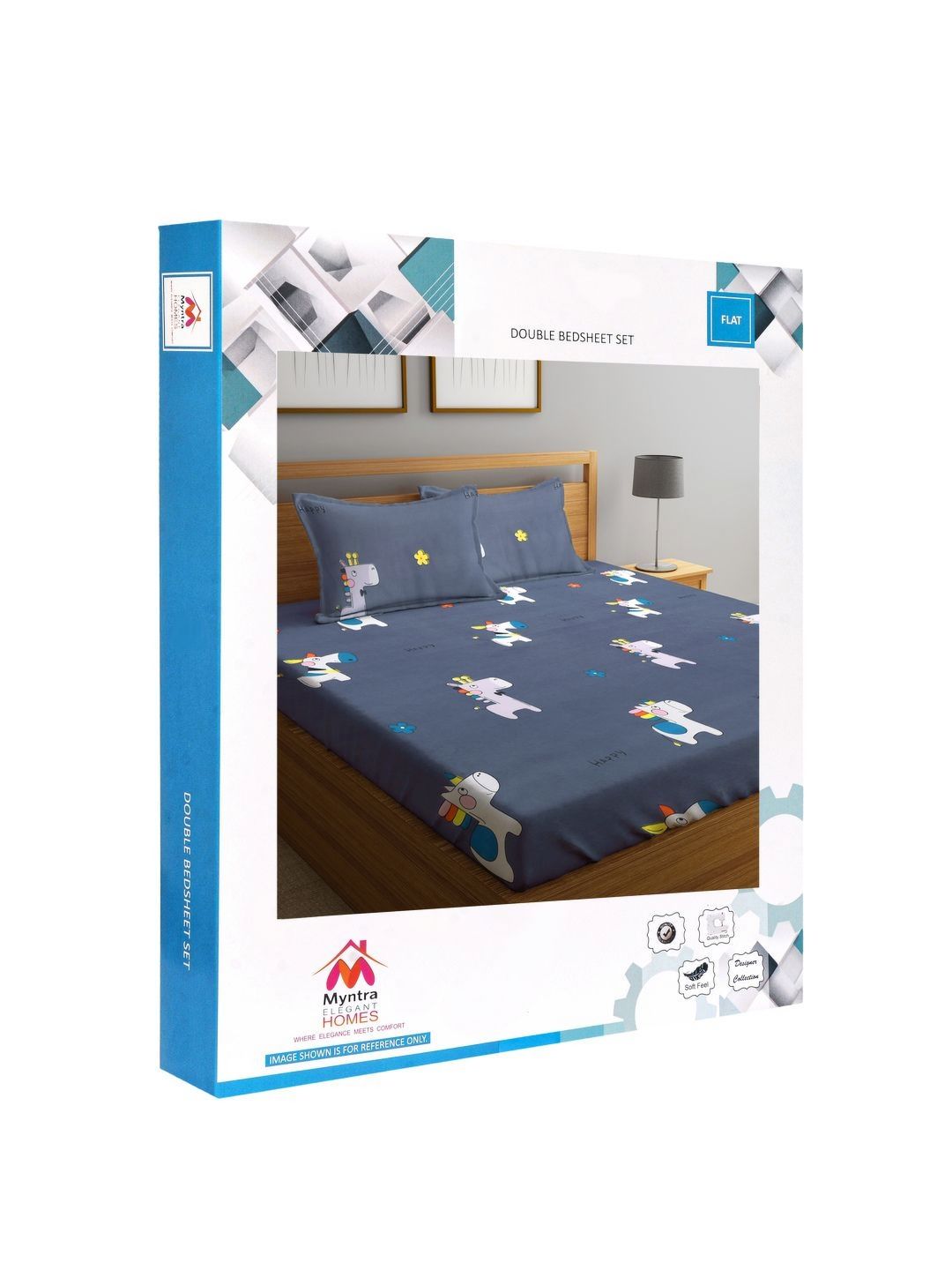 Myntra Elegant Homes Blue Conversational Polycotton 300 TC King Fine Bedsheet with a Pillow Cover-98 x 87 inches