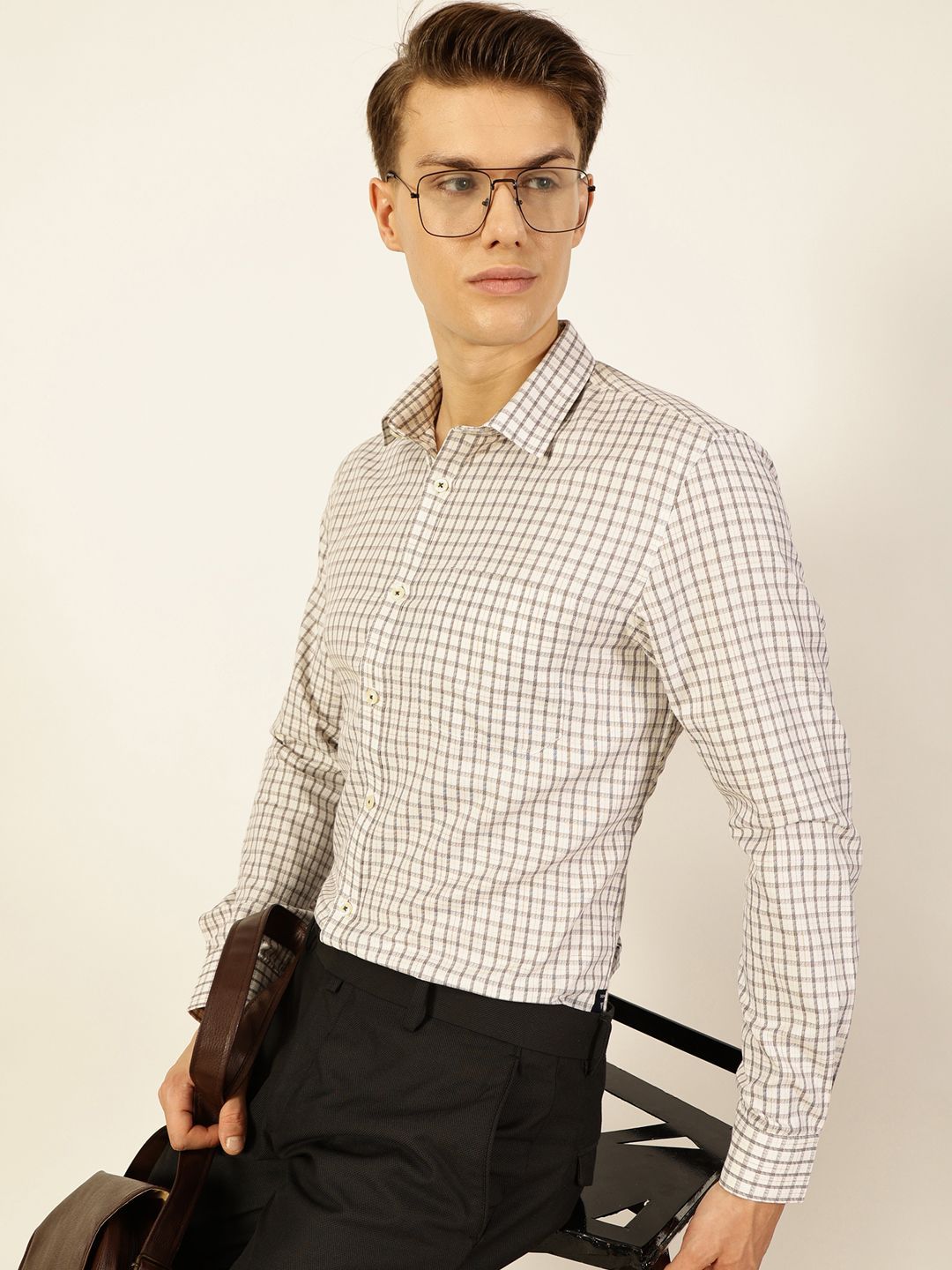 Thomas Scott Men Smart Spread Collar Tartan Checked Cotton Formal Shirt