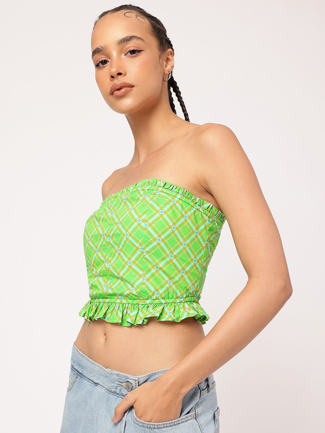 DressBerry Picnic Perfect Checked Ruffled Crop Bardot Top