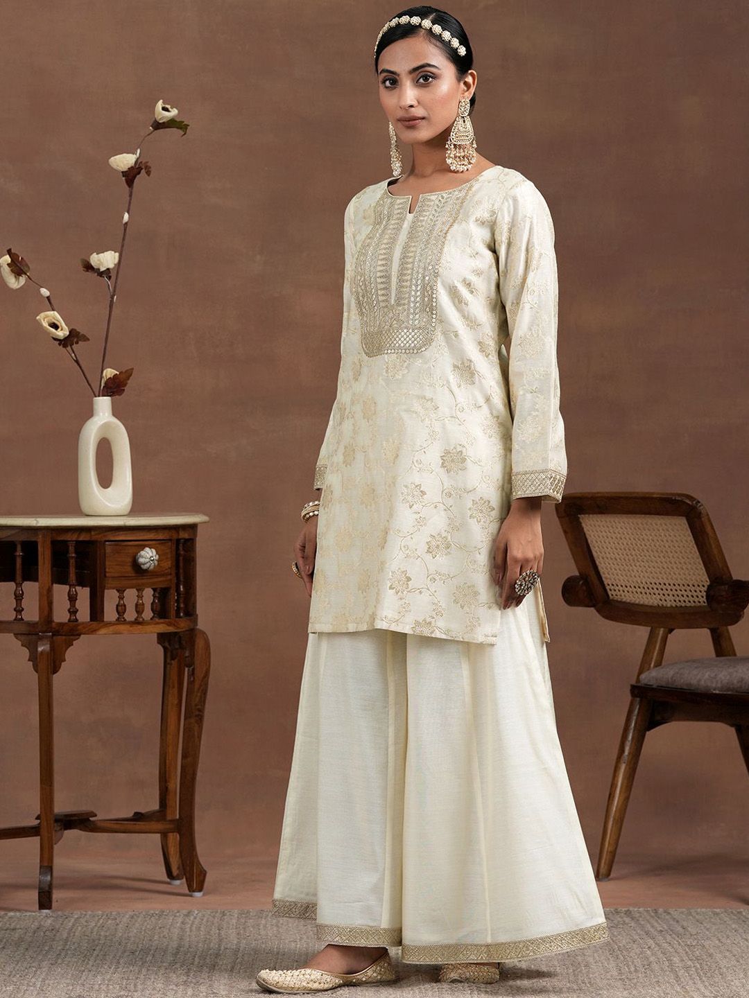 Libas Floral Woven Design Sequinned Straight Kurta With Palazzo & Dupatta