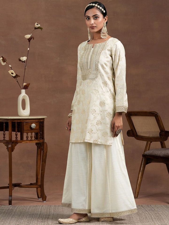 Libas Floral Woven Design Sequinned Straight Kurta With Palazzo & Dupatta