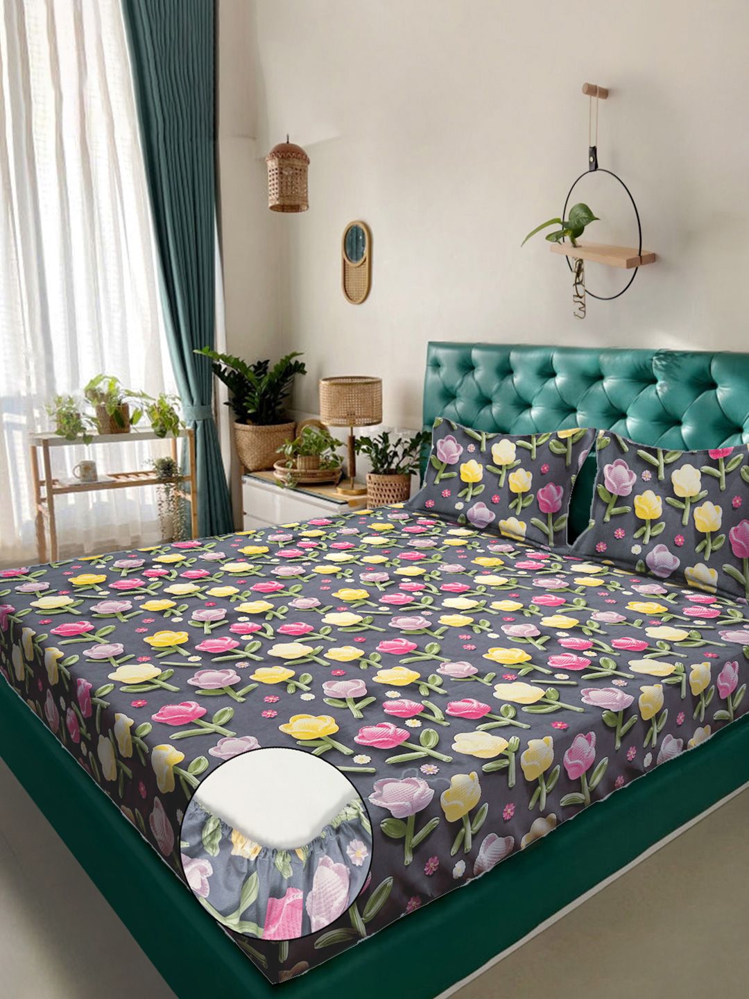 KLOTTHE Grey Floral Fitted 300TC King Superfine 7D Cadar & 2 Sarung Bantal-2.50mx2.25m