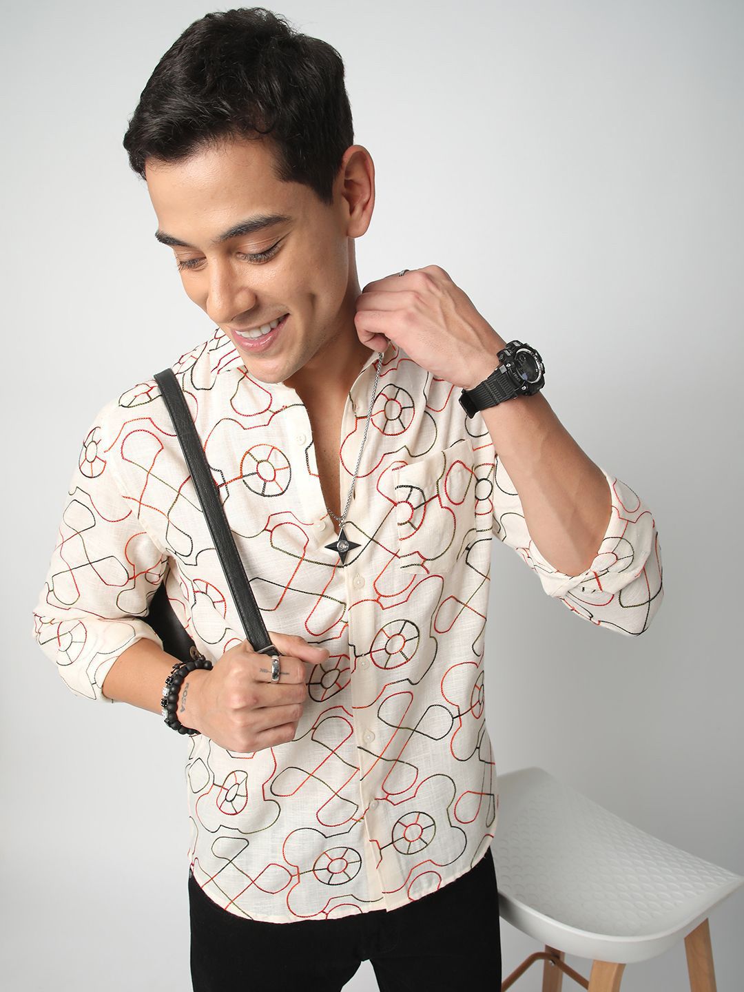 VASTRADO Men Classic Geometric Self Design Cotton Slim Fit Casual Shirt