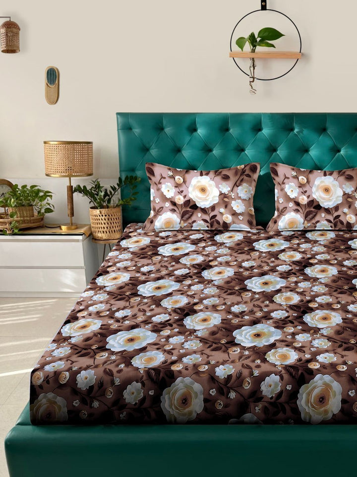Myntra Elegant Brown Floral 300 TC King 7D Bedsheet with 2 Pillow Covers