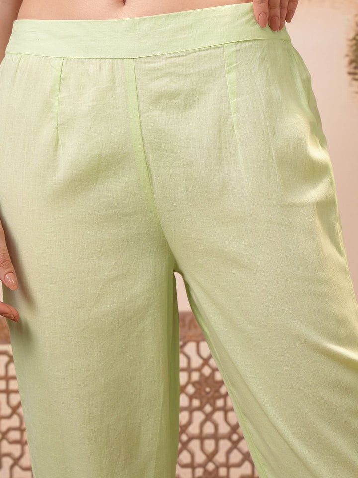 Vishudh Lime Green Floral Printed Pure Cotton Straight Kurta With Trousers & Dupatta