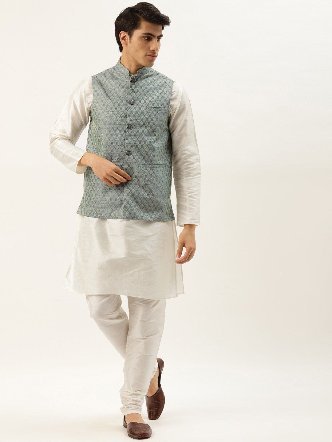 SOJANYA Manadrin Collar Kurta with Churidar & Nehru Jacket