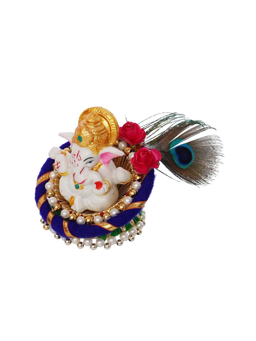 eCraftIndia Blue & White Handcrafted Lord Ganesha Idol on Floral Plate with Peacock Feather Decorative Showpiece