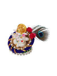 eCraftIndia Blue & White Handcrafted Lord Ganesha Idol on Floral Plate with Peacock Feather Decorative Showpiece