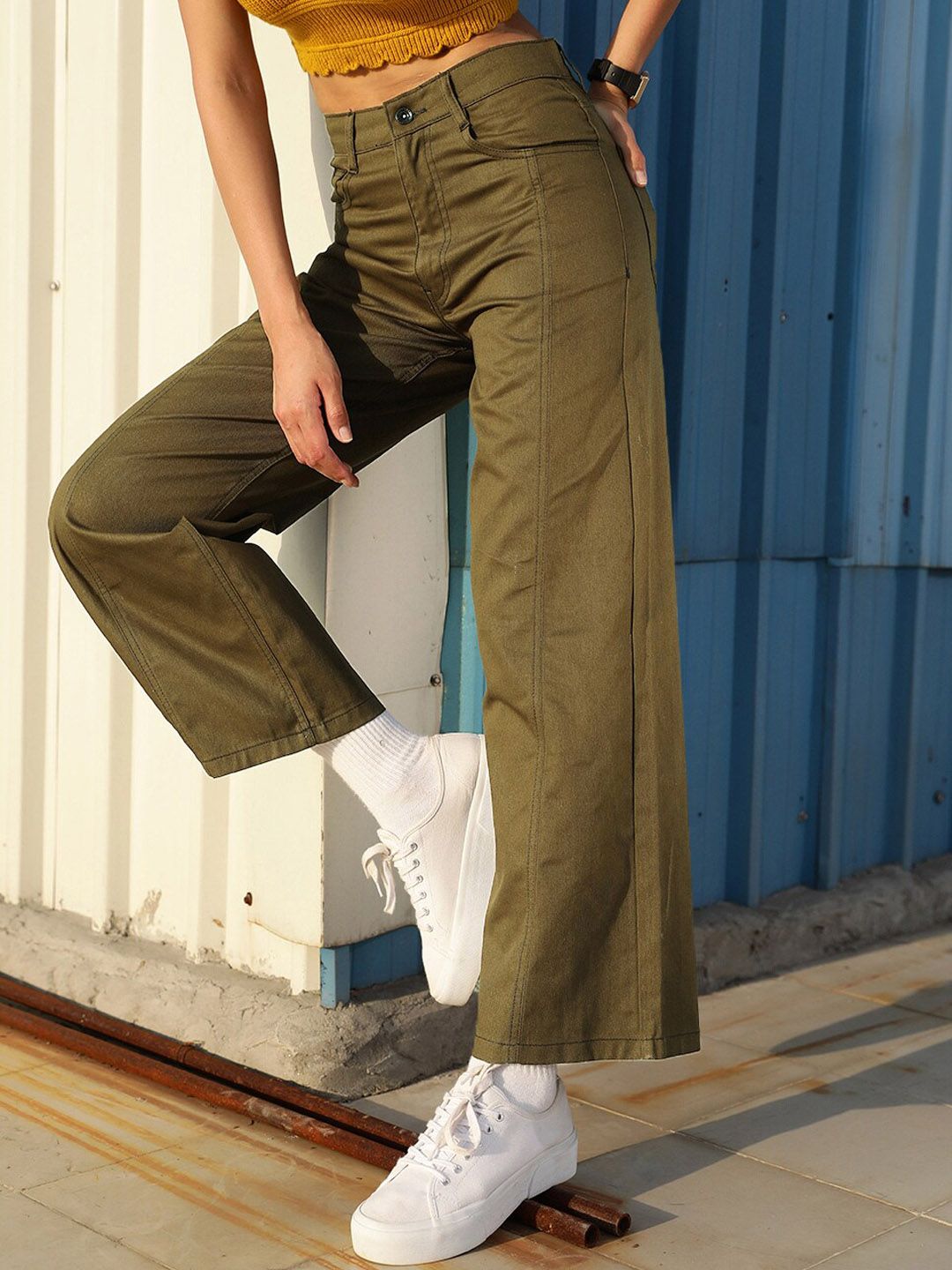 STREET 9 Women Olive Green Relaxed High-Rise Loose Fit  Regular Trousers