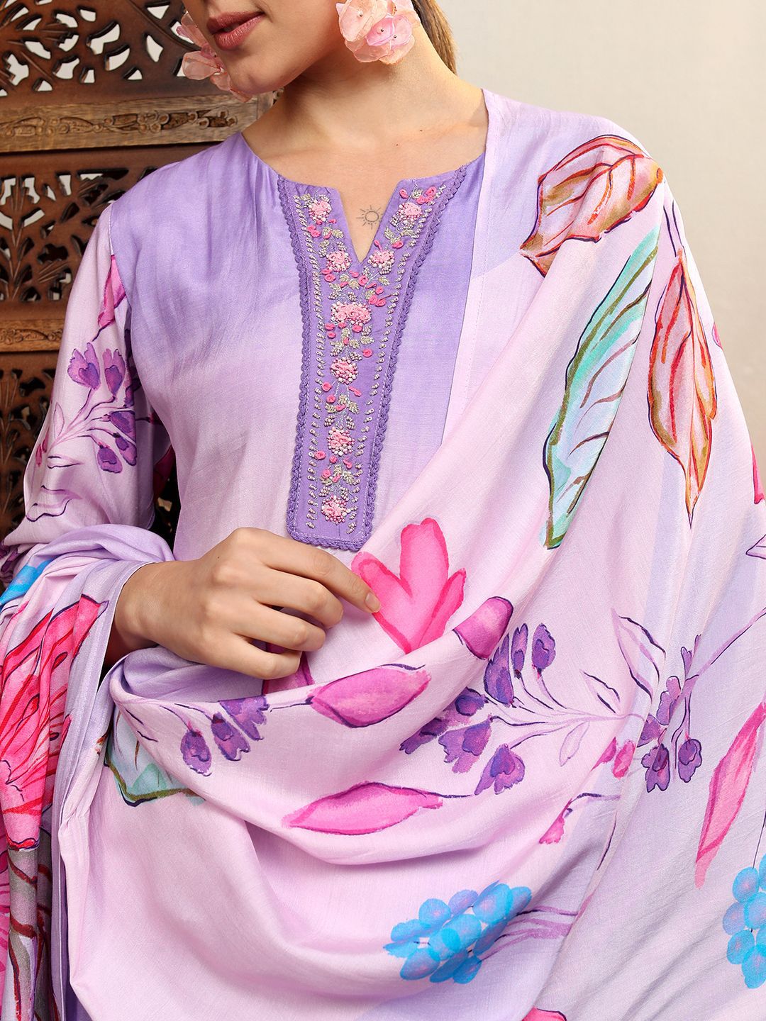 Vishudh Purple Ombre Printed Thread Work Straight Kurta With Trousers & Dupatta