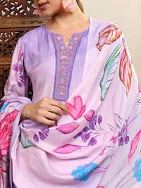 Vishudh Purple Ombre Printed Thread Work Straight Kurta With Trousers & Dupatta