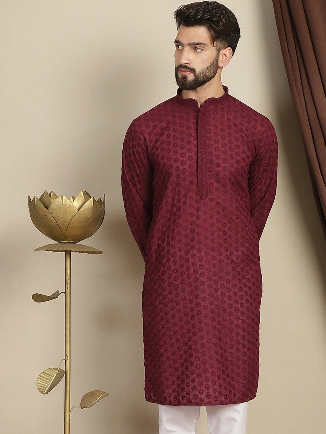 Anouk Striped Mandarin Collar Long Sleeves Cotton Thread Work Kurta