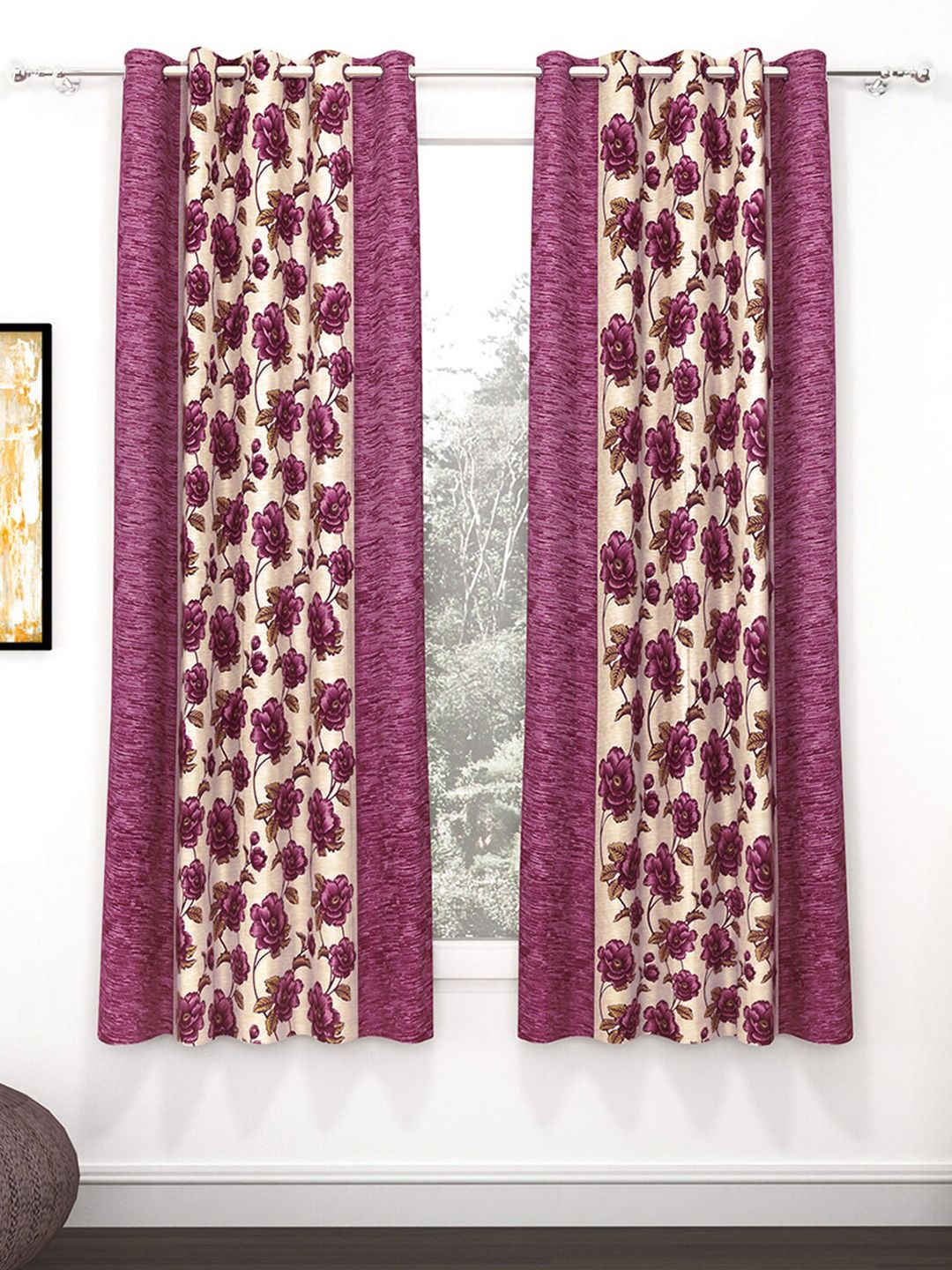 Story@home 2 Pieces Purple & Beige Floral Window Curtains