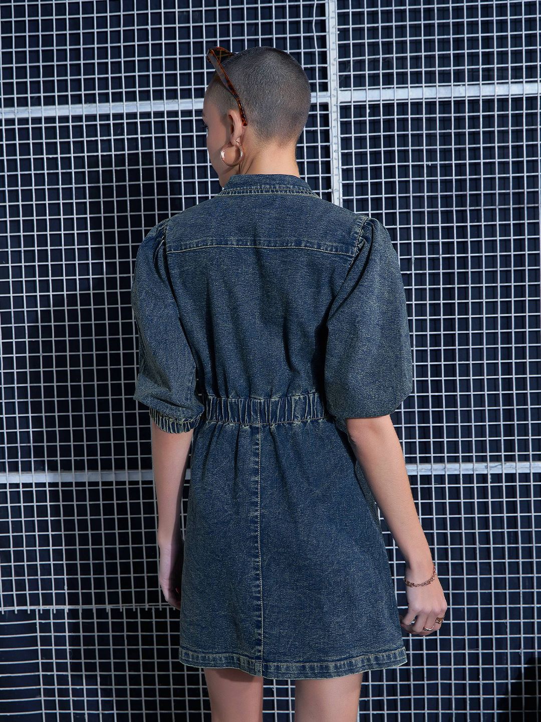 SASSAFRAS Blue Puff Sleeve Denim A-Line Dress