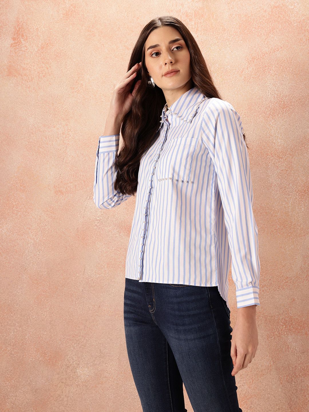 all about you Studded Striped Pocket Detail Casual Shirt