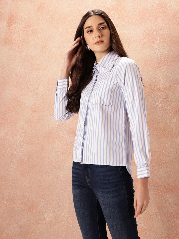 all about you Studded Striped Pocket Detail Casual Shirt