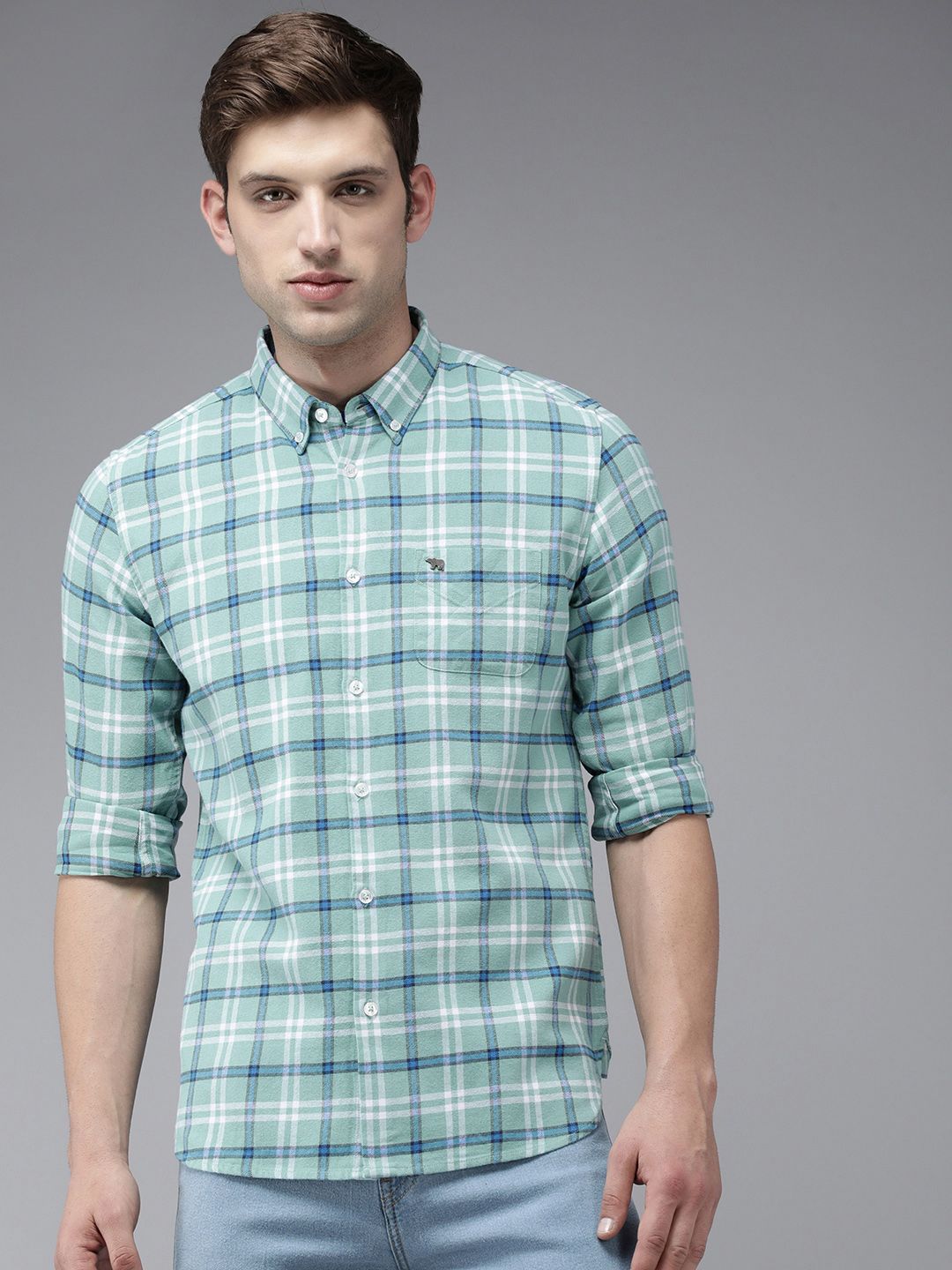 THE BEAR HOUSE Men Blue Slim Fit Tartan Checks Checked Casual Shirt
