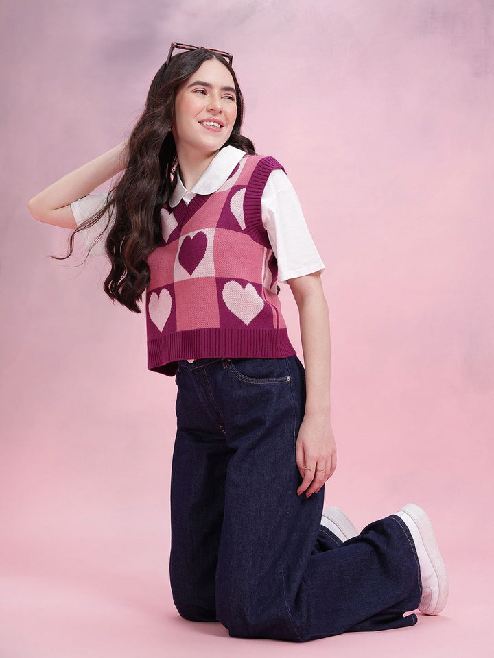 DressBerry Women Conversational Pattern Self Design V-Neck Knitted Pullover