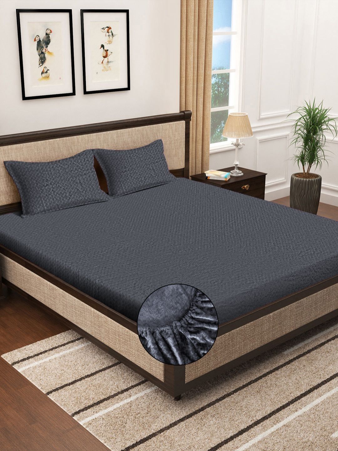 KLOTTHE Grey Fitted 300TC Woolen Double King Bedsheet & Pillow Covers