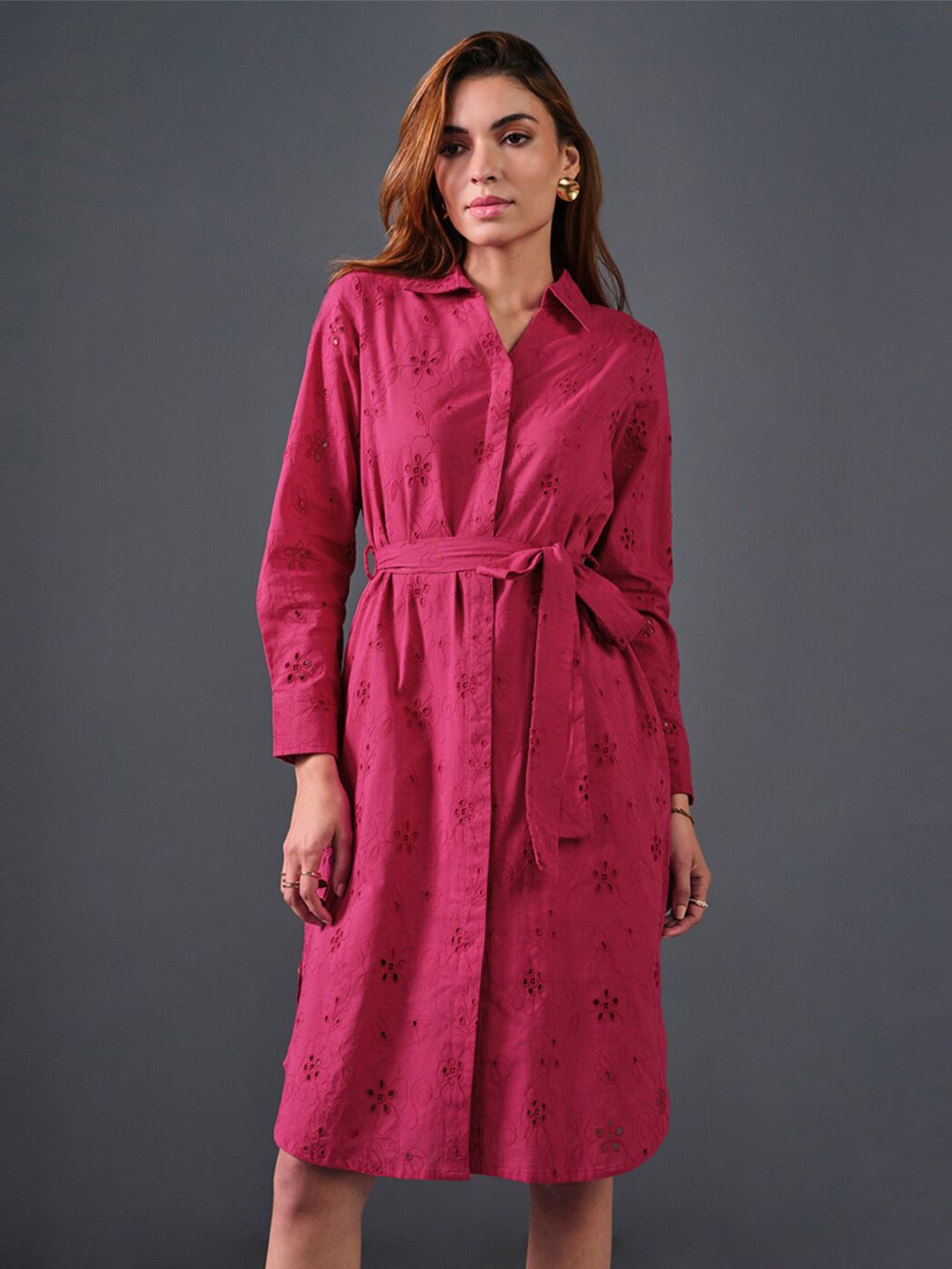 AND Self Design Belted Pure Cotton Shirt Dress