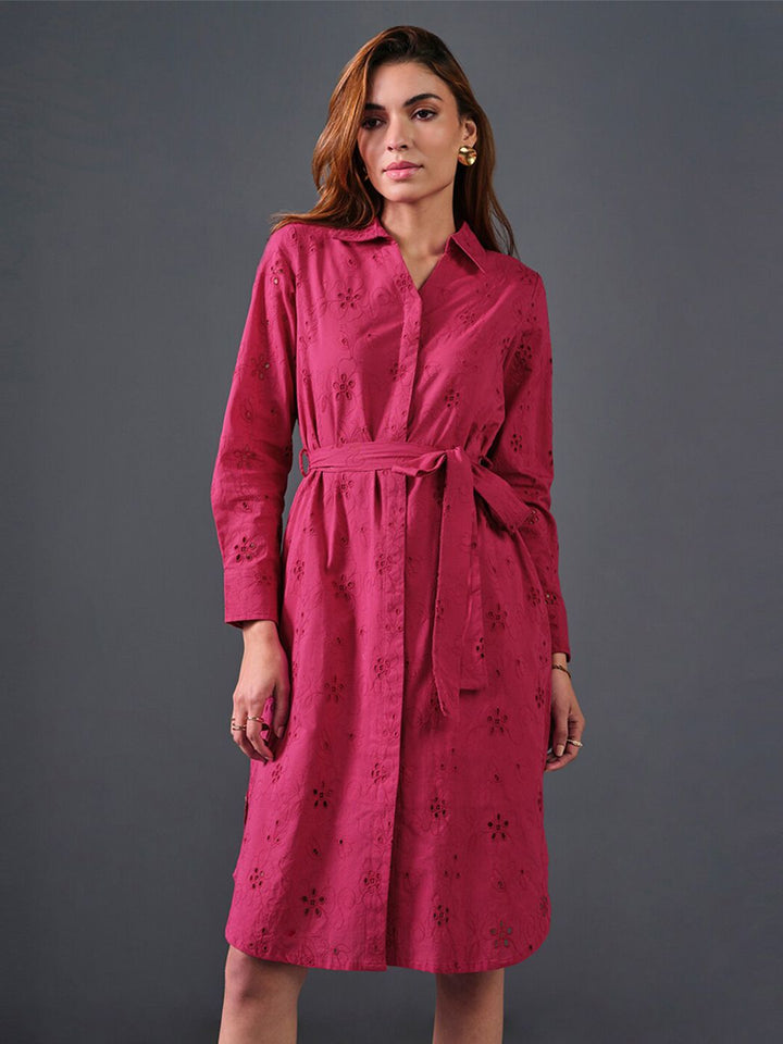 AND Self Design Belted Pure Cotton Shirt Dress
