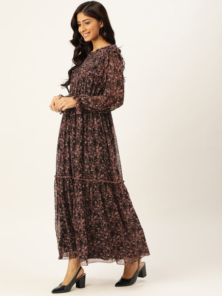 Antheaa Women Black & Mauve Floral Print Maxi Dress