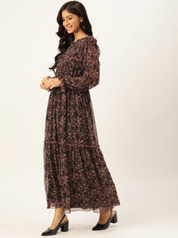 Antheaa Women Black & Mauve Floral Print Maxi Dress