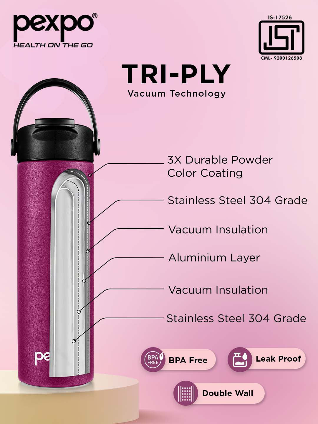 Pexpo Purple Plum TURKEY-ISI Certified Thermosteel Hot and Cold Flask Water Bottle 500ml