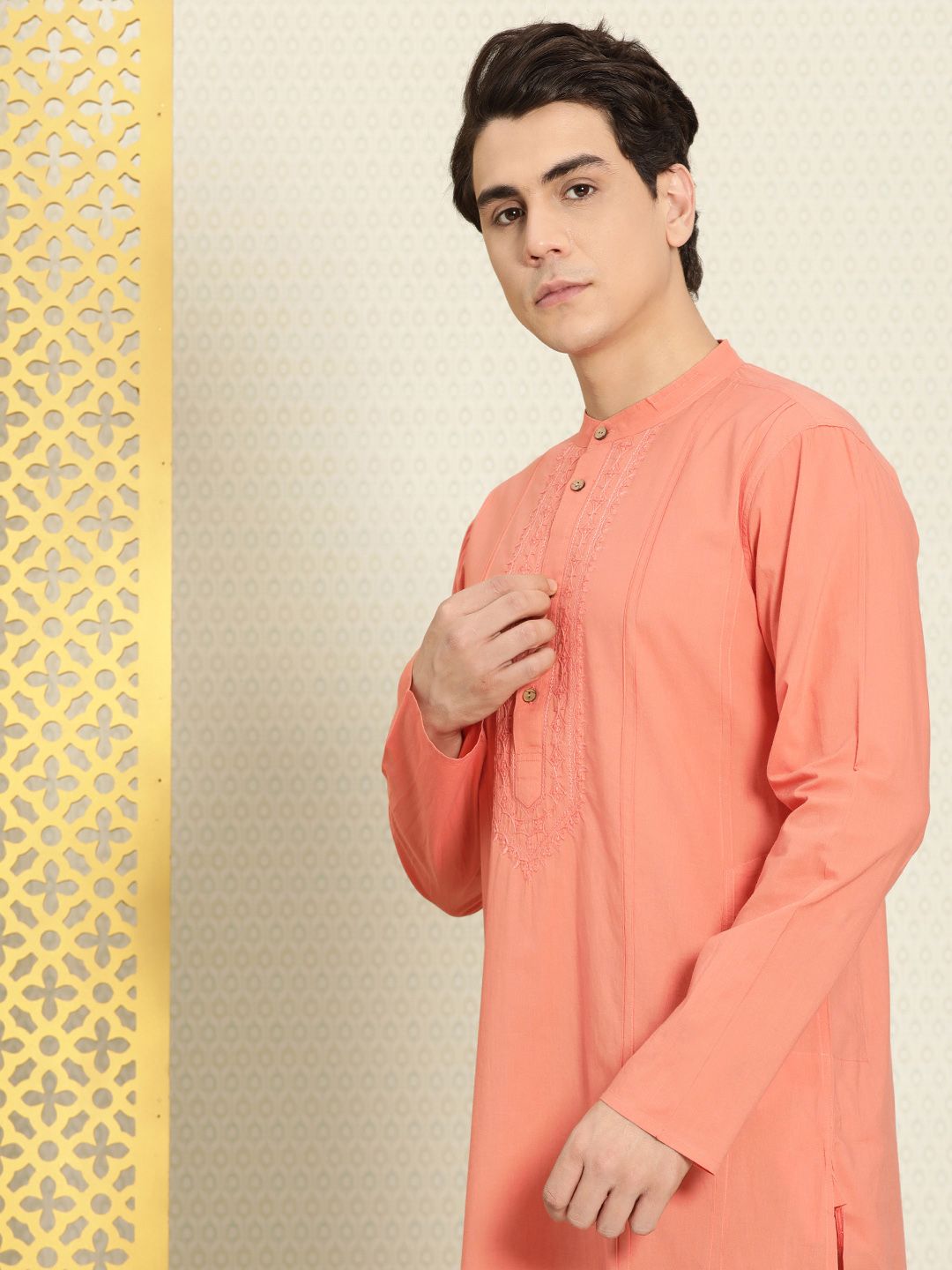 House of Pataudi Men Chikankari Yoke Design Pure Cotton Rozana Kurta