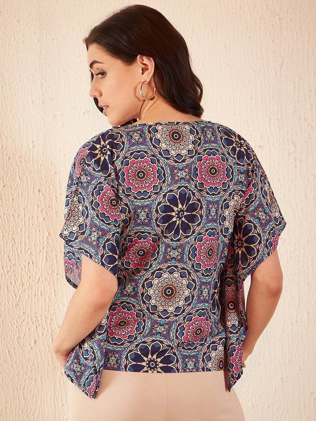 DENNISON Ethnic Motif Printed Batwing Sleeve Ethnic Crepe Kaftan Top
