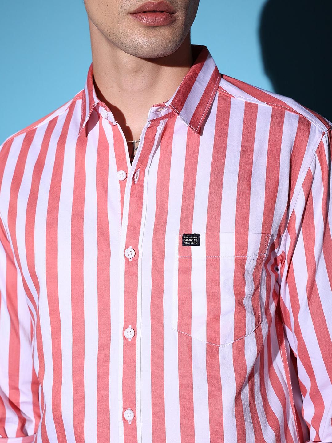 The Indian Garage Co Pink Slim Fit Vertical Striped Spread Collar Cotton Casual Shirt