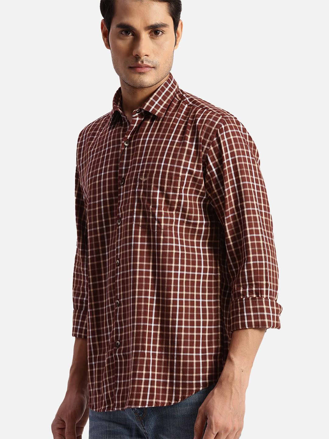 Park Avenue Spread Collar Long Sleeves Slim Fit Checked Casual Cotton Shirt