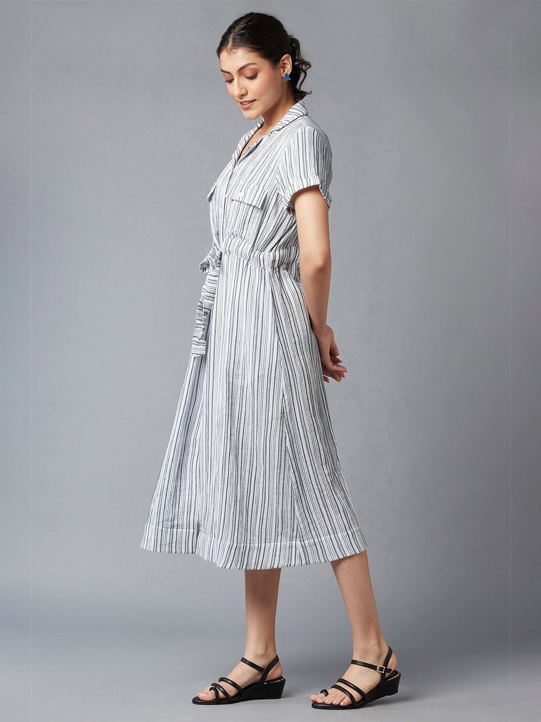 W Blue Striped Shirt Midi Dress