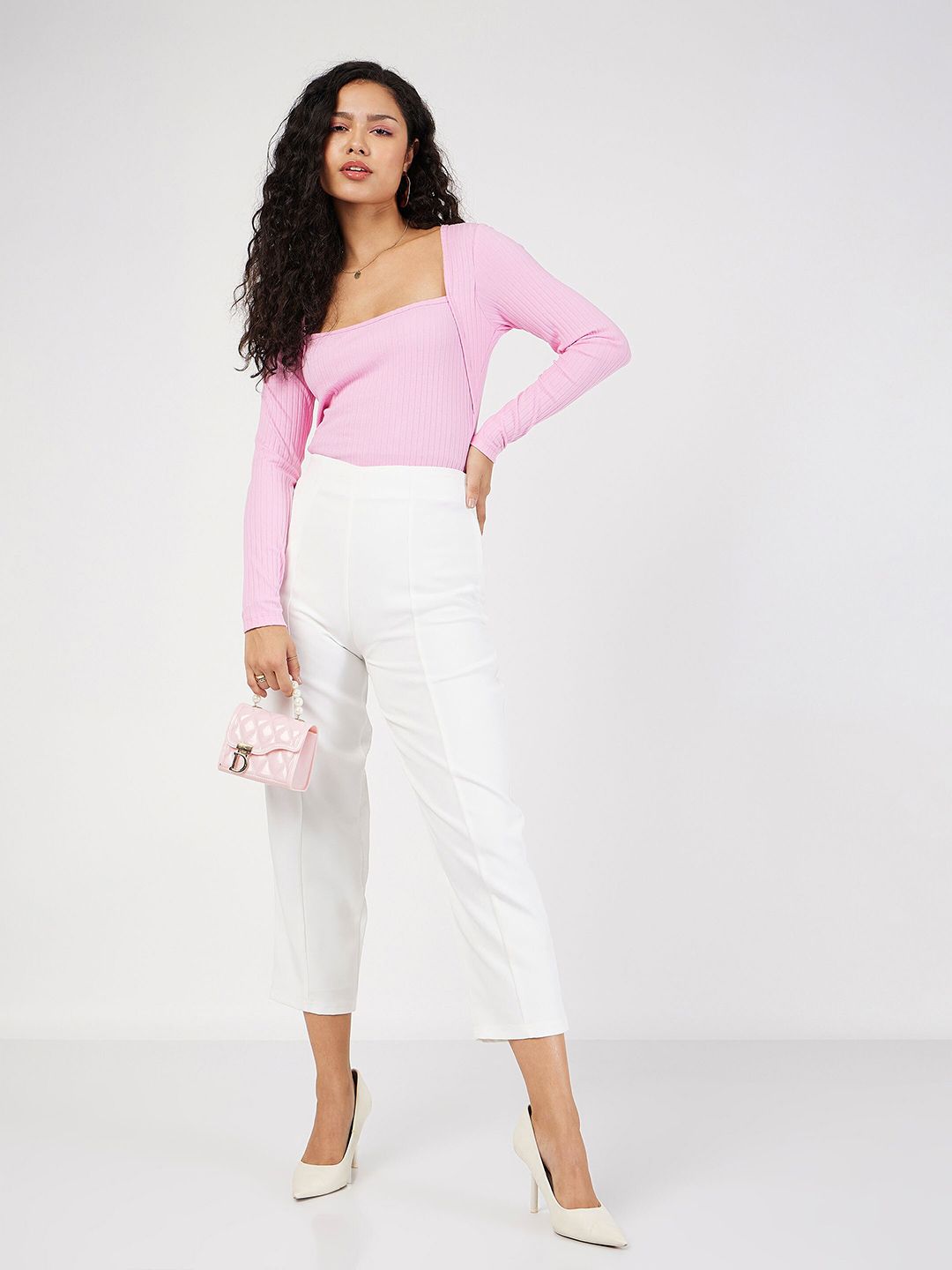 SASSAFRAS Pink Ribbed Square Neck Top