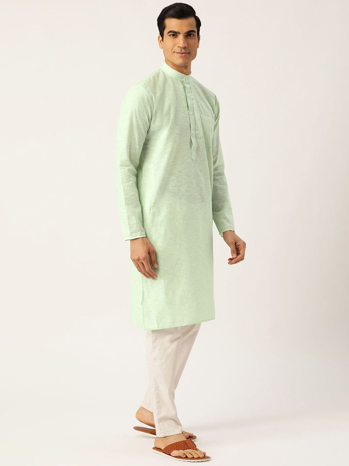 SOJANYA Men Green & White Striped Straight Kurta