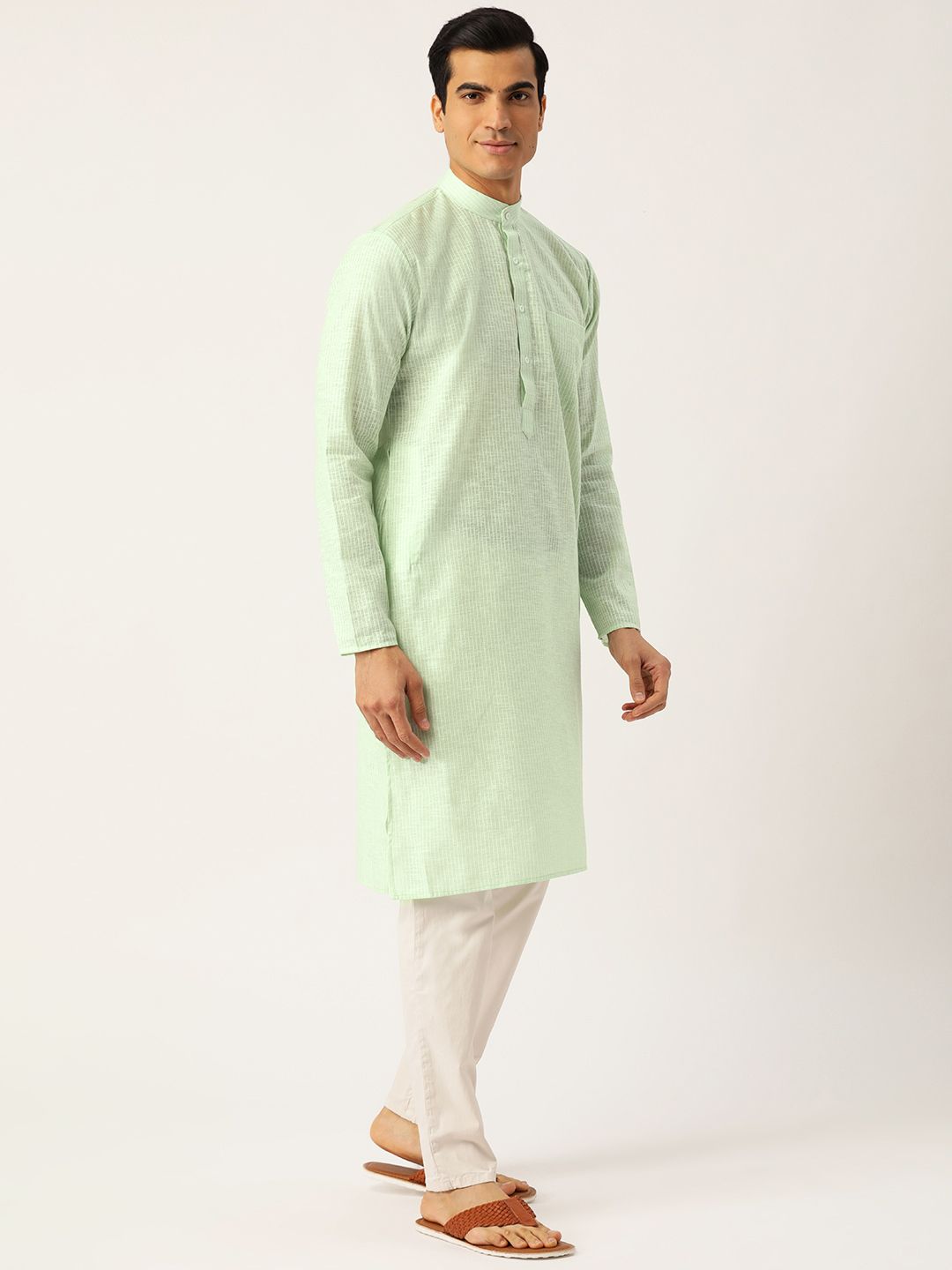 SOJANYA Men Green & White Striped Straight Kurta