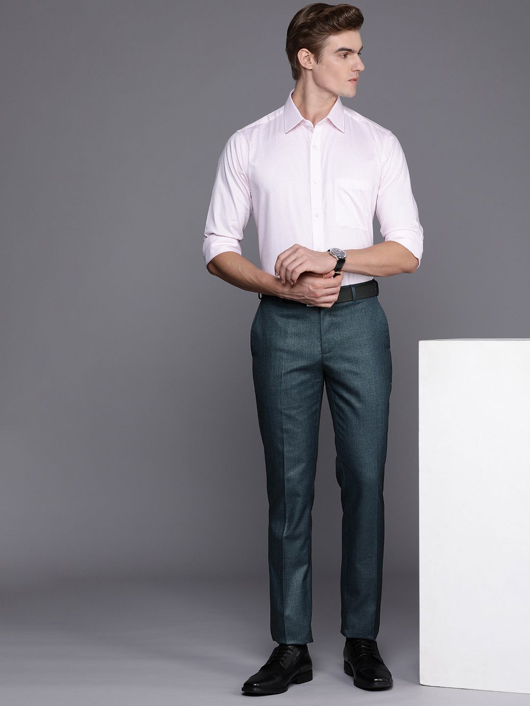 Raymond Men Checked Flat Front Slim Fit Formal Trousers