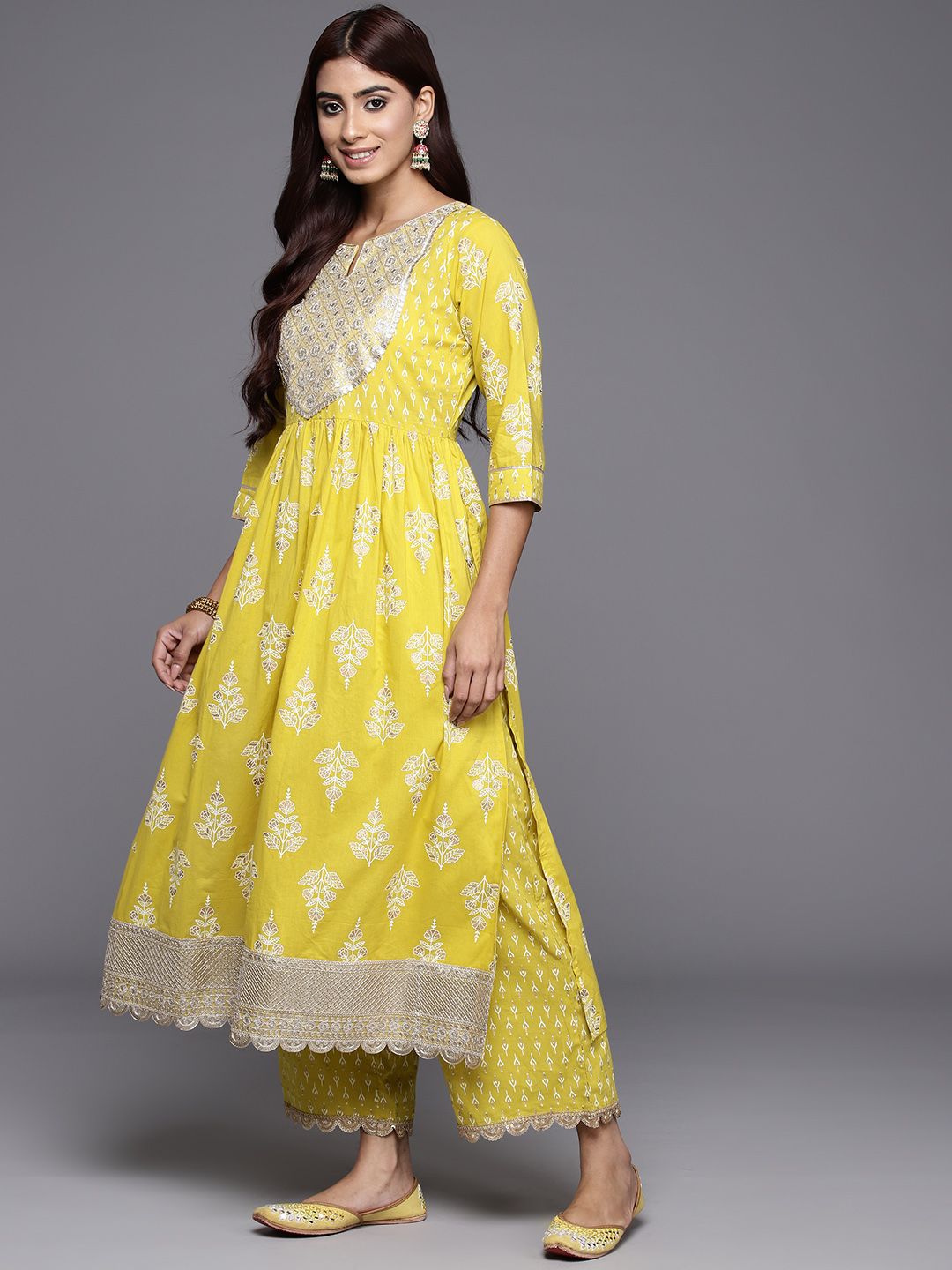 Libas Women Floral Yoke Design High Slit Pure Cotton Kurta with Palazzos & With Dupatta